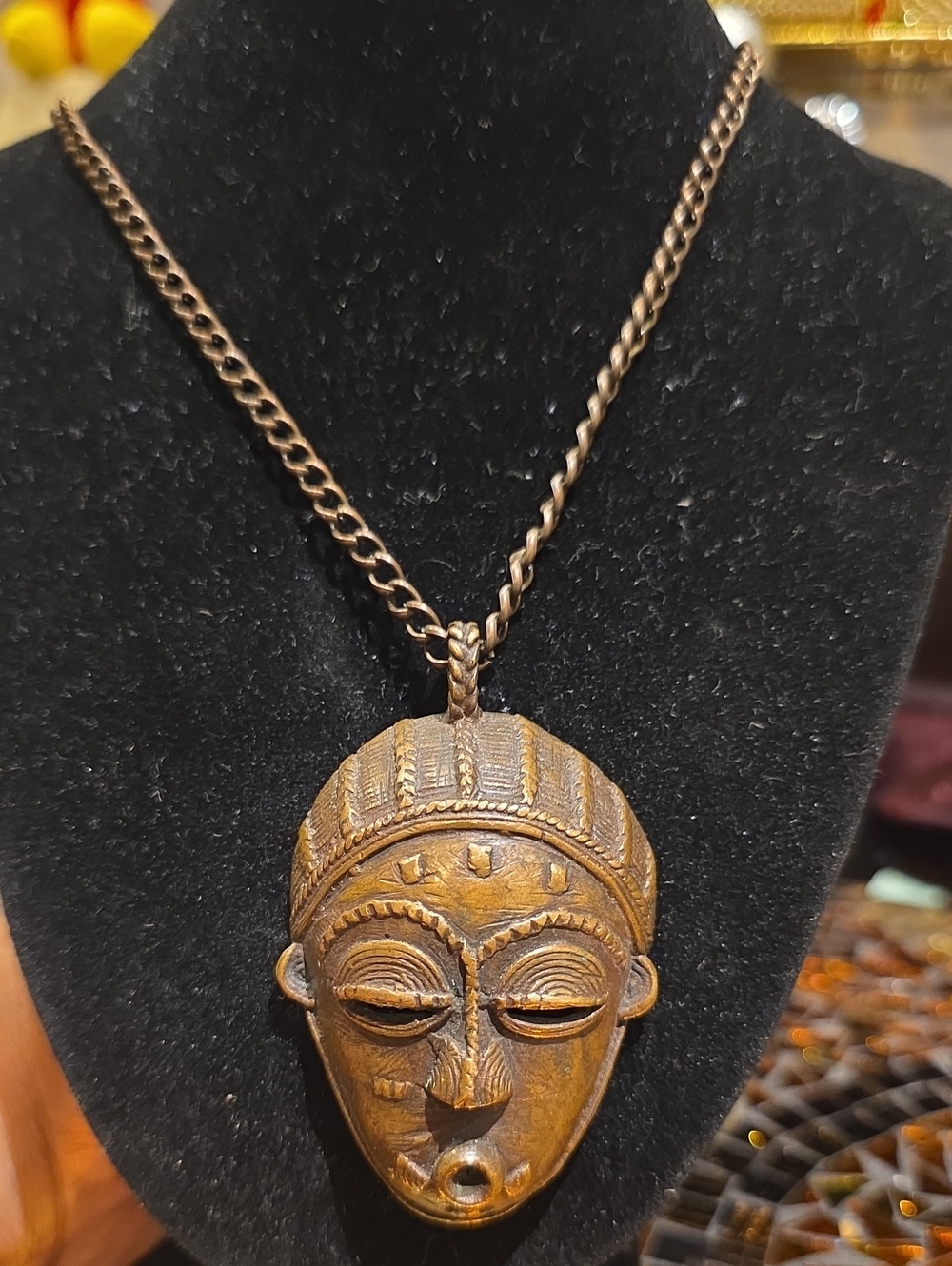 Vintage Brown Tribal Mask Pendant Necklace - Women Jewelry